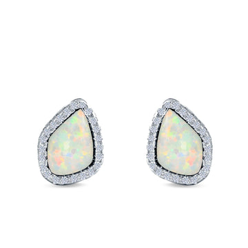 Halo Stud Earrings Lab Created White Opal Simulated CZ 925 Sterling Silver (12mm)
